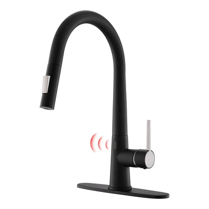 FLG Modern Black Kitchen Faucet Automatic Sensor Pull Water Tap with Ceramic Brass Two-Way Spray Single Handle