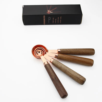 Kitchen Measuring Tools Cutlery Set Rose Gold Wooden Handle Stainless Steel Measuring Cups and Spoons Set