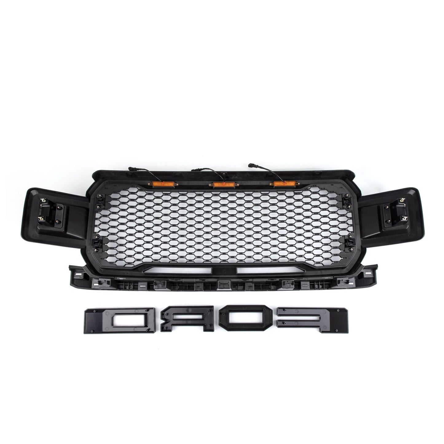 Raptor Style Black Amber LED Light Grill Grille Honeycomb for Ford F150 F-150 2018 2019 2020 With Logo