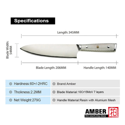 7 Layer Steel Damascus 10Cr15MoV Kitchen Knife Set with White Honey Comb Resin Full Tang