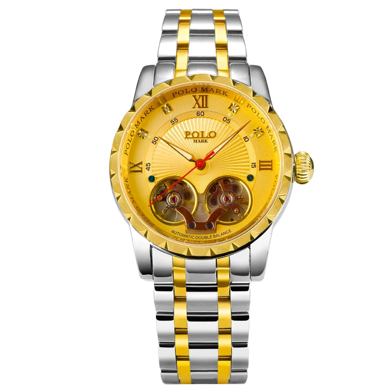 Jazz Double Tourbillon Diamond Automatic Mechanical Watch with Stainless Steel Band