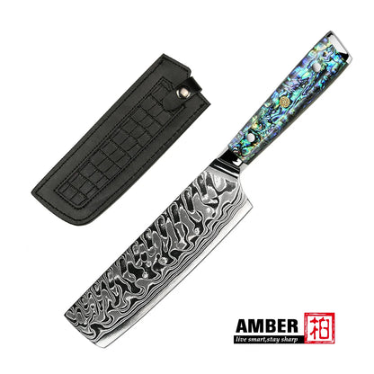Meat Cleaver 7 Inch Custom Handmade Cleaver Abalone Shell Damascus Steel Knives