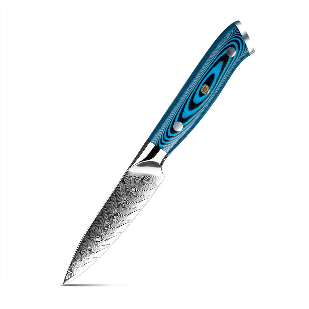 Yangjiang Amber Damascus Kitchen Knife Set with Blue Pakka Belle Wood Handle High Quality Knife Set