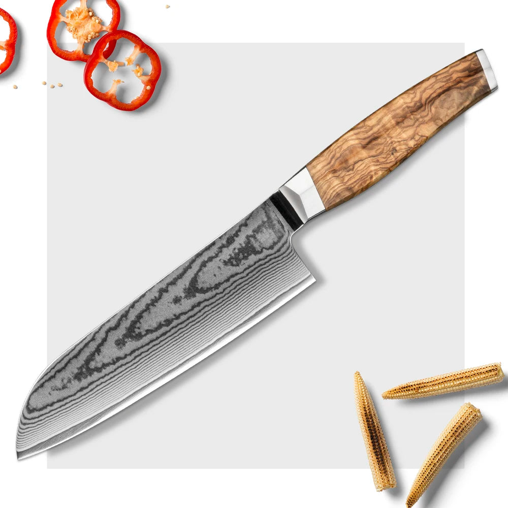 Amber Olive Wood Handle 7inch Santoku Japanese Knife Damascus Santoku Knife Chef Knife Santoku