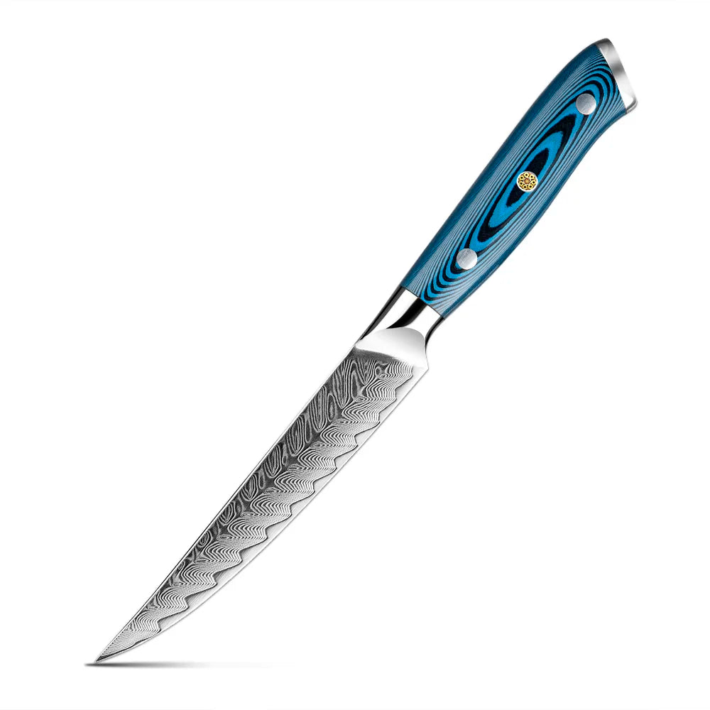 Yangjiang Amber Damascus Kitchen Knife Set with Blue Pakka Belle Wood Handle High Quality Knife Set