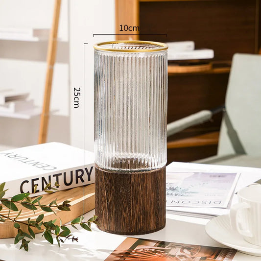 Home Decor Custom Wholesale Modern Nordic Crystal Vases Houseware Elegant Clear Colored Wooden Glass Vases