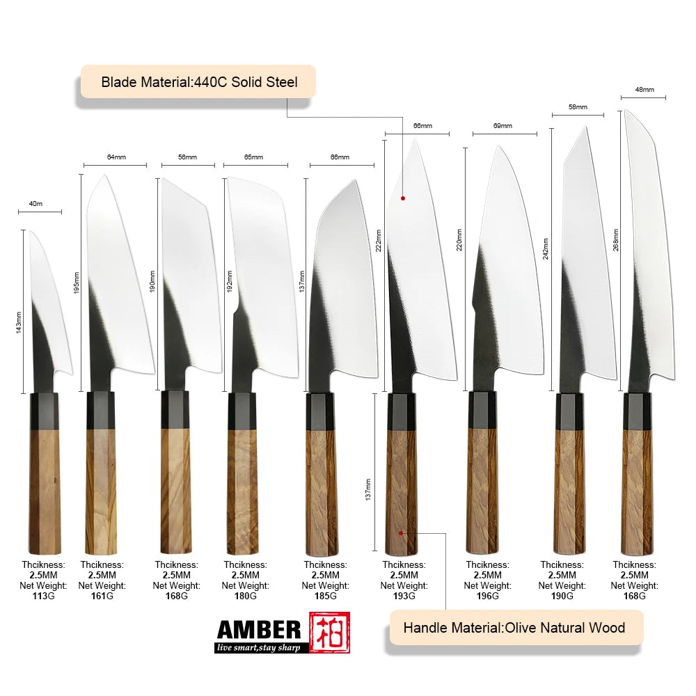 Yang Jiang Stainless Steel Knife 440c 9 Pcs Knives Set with Premium Nautral Olive Wood Handle