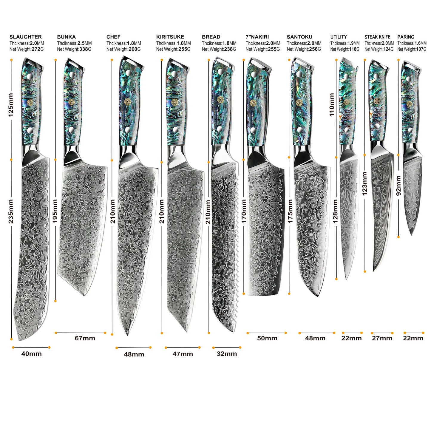 10 Pcs Professional Damascus VG 10 Steel Core 67 Layers Stainless Steel Abalone Handle Kitchen Knives Set