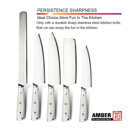 7 Layer Steel Damascus 10Cr15MoV Kitchen Knife Set with White Honey Comb Resin Full Tang