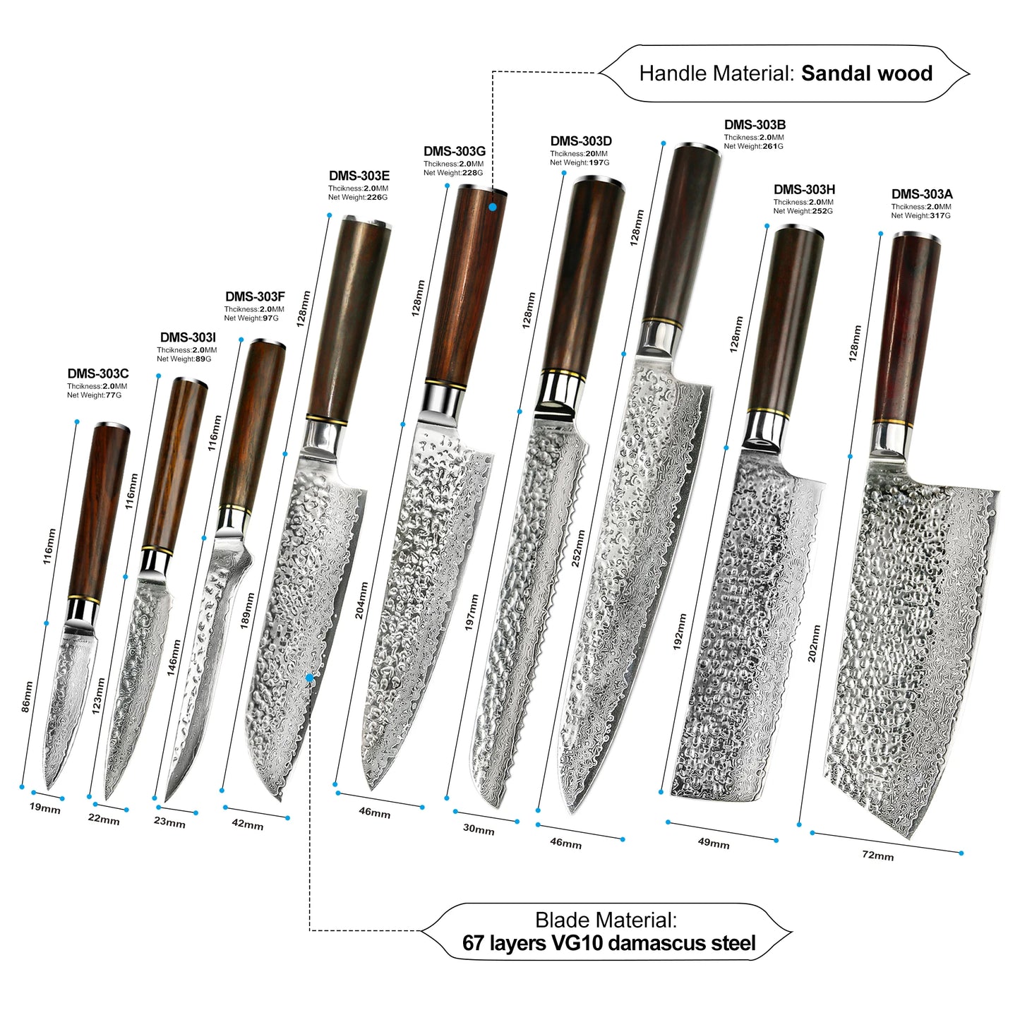 9 Pcs New Design 67 Layers Damascus VG 10 Steel Kitchen Knife Set with Premium Sandal Wood Handle, color - kitchen knife set