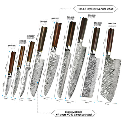 9 Pcs New Design 67 Layers Damascus VG 10 Steel Kitchen Knife Set with Premium Sandal Wood Handle, color - kitchen knife set
